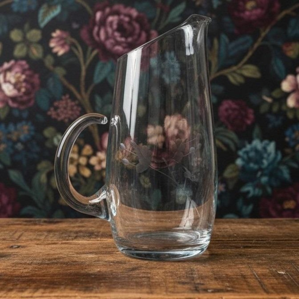 Princess House Heritage Crystal Pitcher, 48 Oz Slanted Top, Vintage Etch Floral
